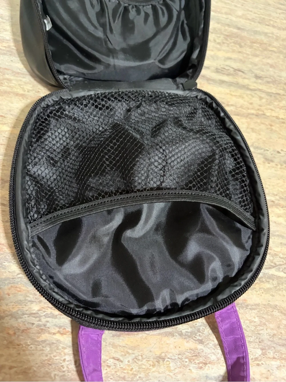 Laura Geller Black Cosmetic Bag with Purple Trim and Handles